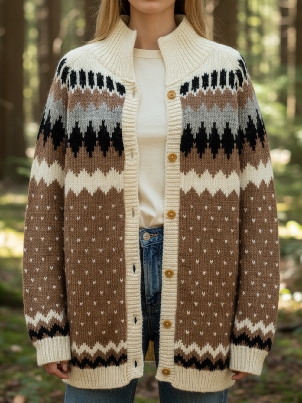 The Alpaca Connection Fair Isle Cardigan Sweater Alpaca Cream Tan Large/XL